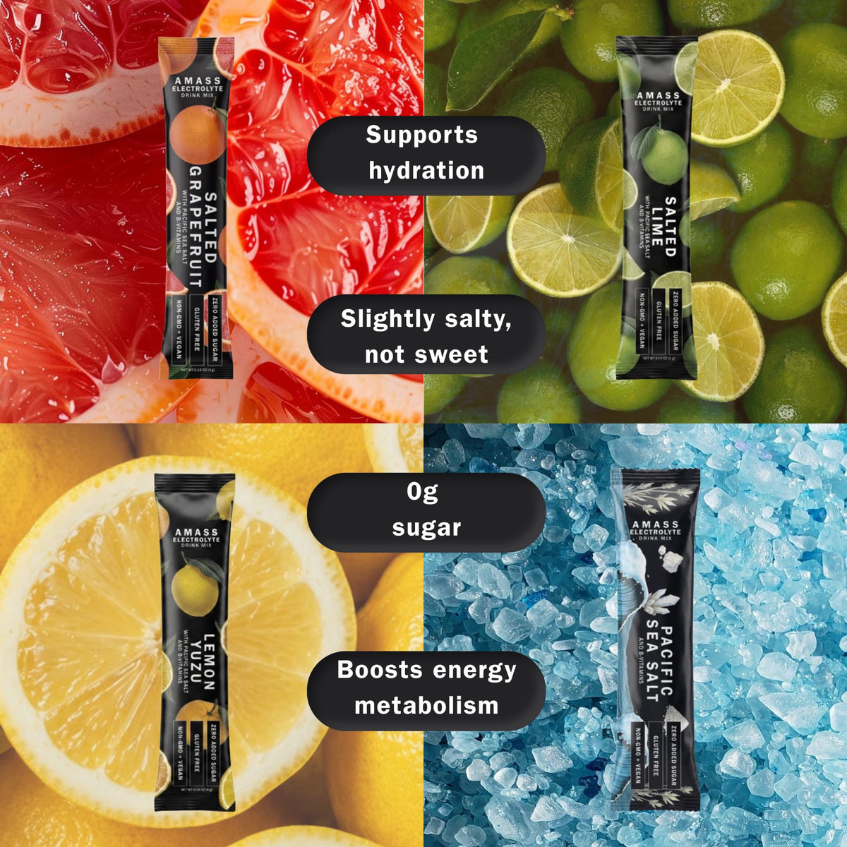 AMASS powder packets on citrus and sea salt with benefit callouts: supports hydration, slightly salty not sweet, 0g sugar, boosts energy metabolism